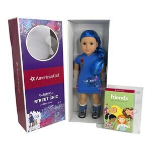 American Girl DOLL Blue Hair Eyes Skater Dress Silver Boots Panties Friends Book